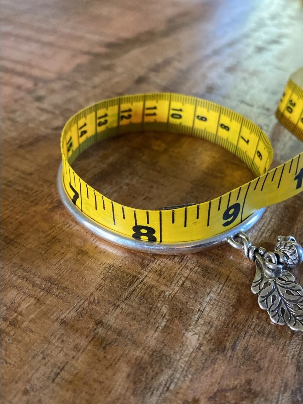 Silver Bangle Bracelet with Leaf and Acorn Charms
